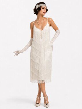 VINTAGE 70s Fringe Flapper Gatsby Dress Joy Stevens Ivory 12